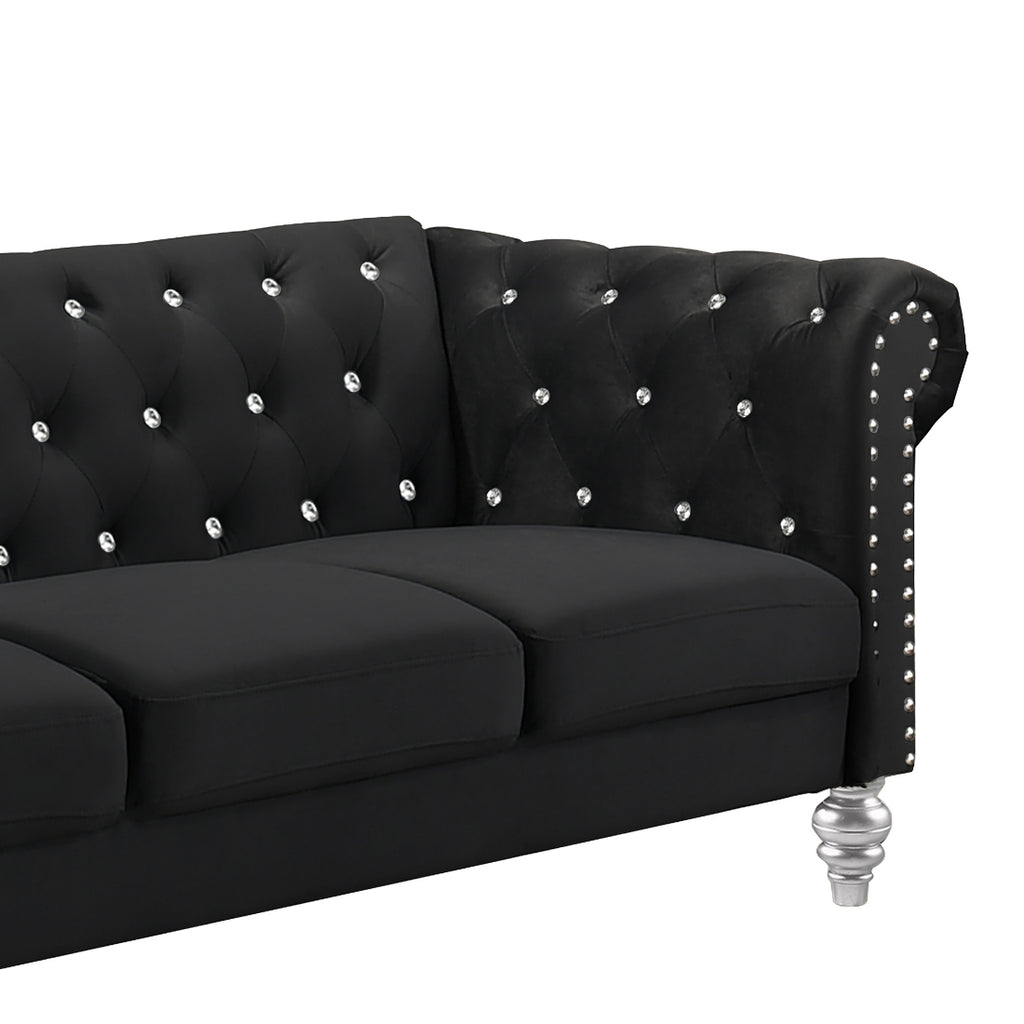 24-13CK-2PC 2 pc Emma black velvet fabric crystal button tufted sofa and love seat set acrylic legs nail head trim