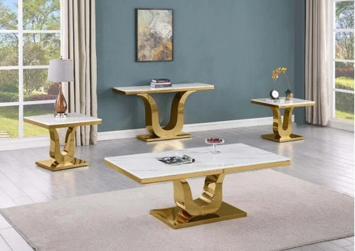 CT320-C Winston gold chrome metal frame U shaped pedestal white marble top coffee table