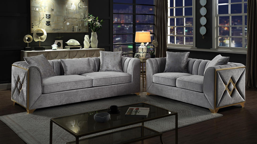 2 pc Velencia silver fabric upholstered double X design gold trim accents sofa and love seat set