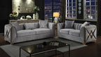 2 pc Velencia silver fabric upholstered double X design gold trim accents sofa and love seat set