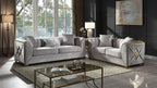 2 pc Velencia cream fabric upholstered double X design gold trim accents sofa and love seat set