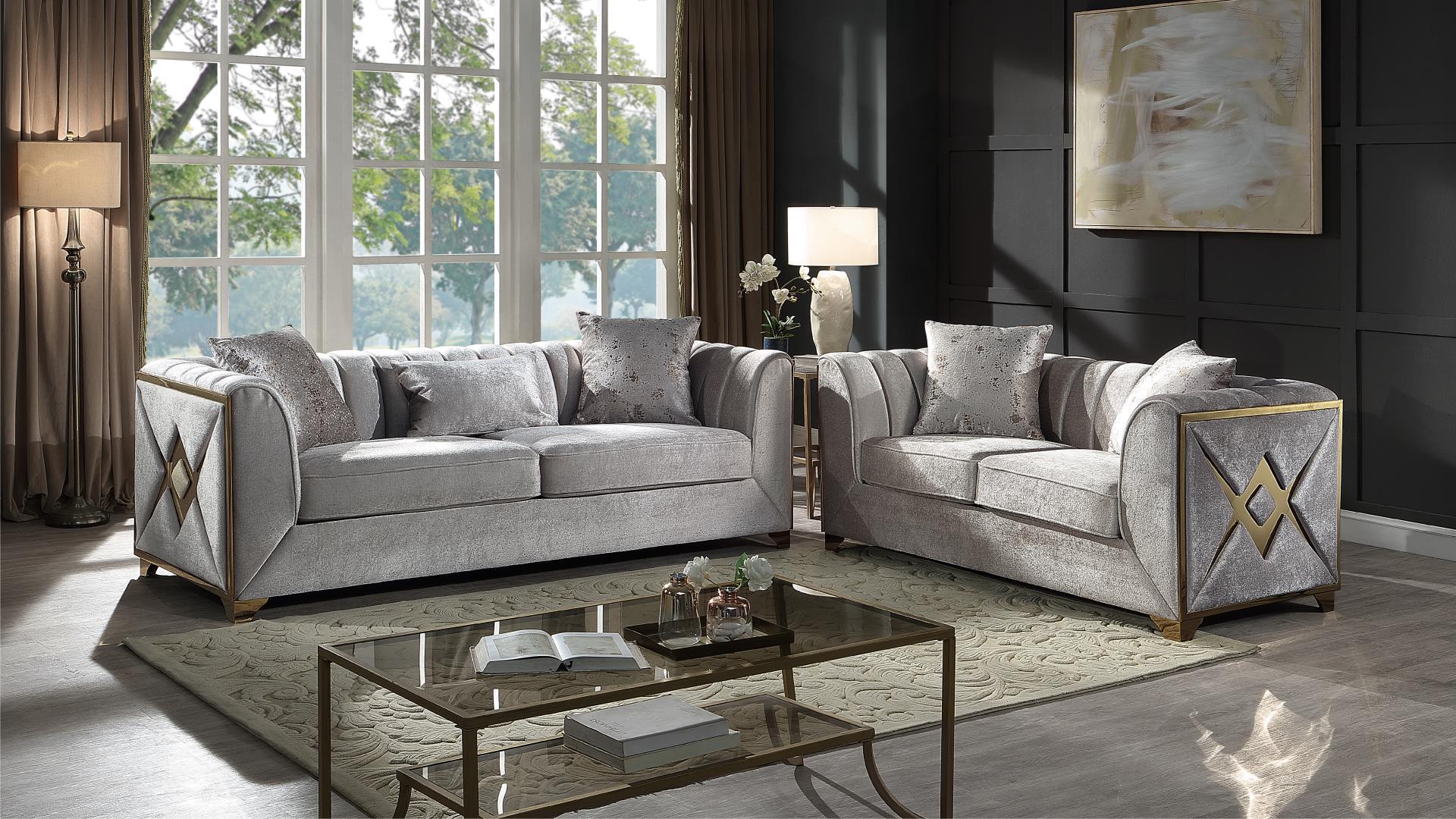 2 pc Velencia cream fabric upholstered double X design gold trim accents sofa and love seat set