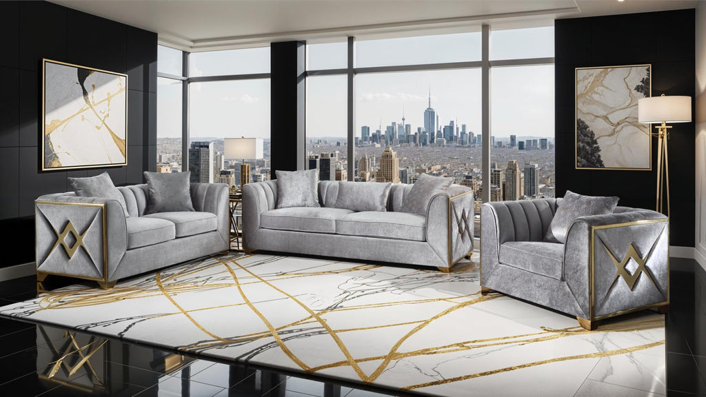 2 pc Velencia silver fabric upholstered double X design gold trim accents sofa and love seat set