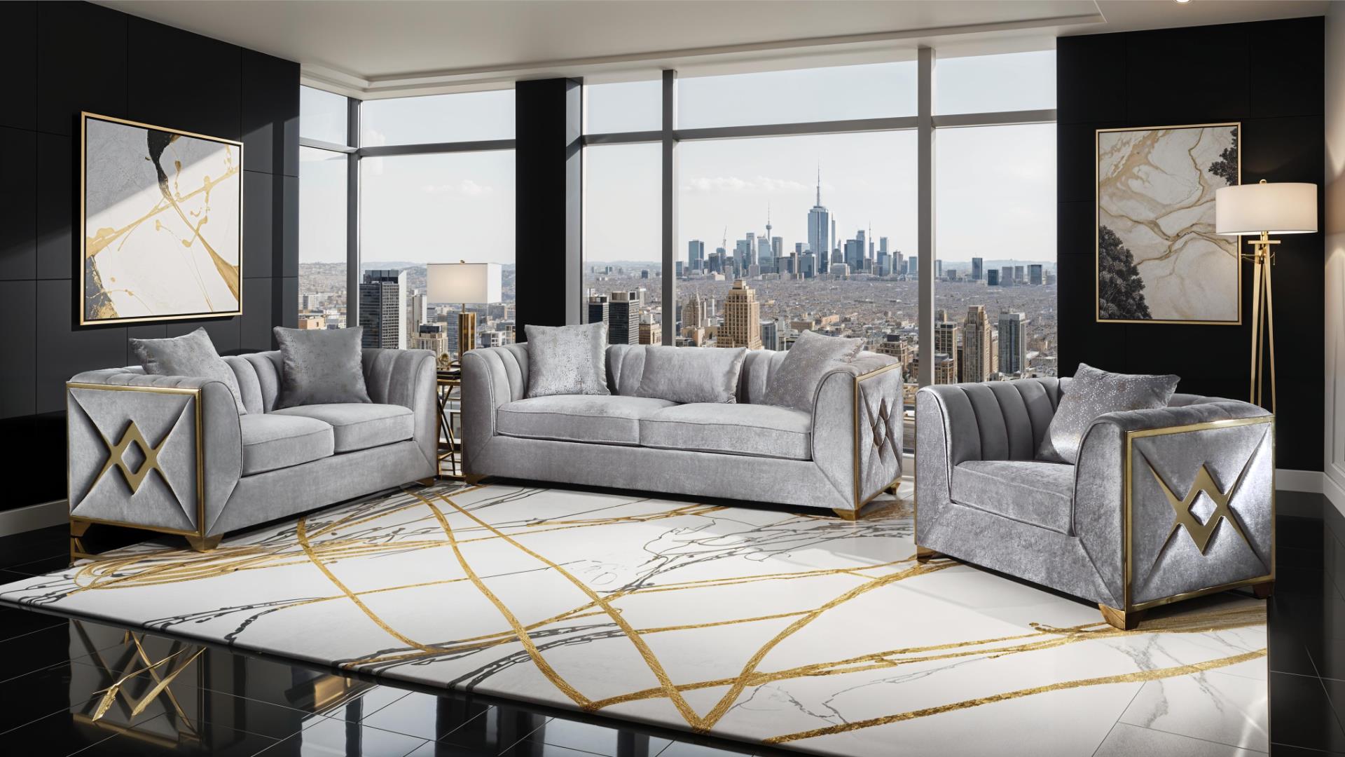 2 pc Velencia silver fabric upholstered double X design gold trim accents sofa and love seat set