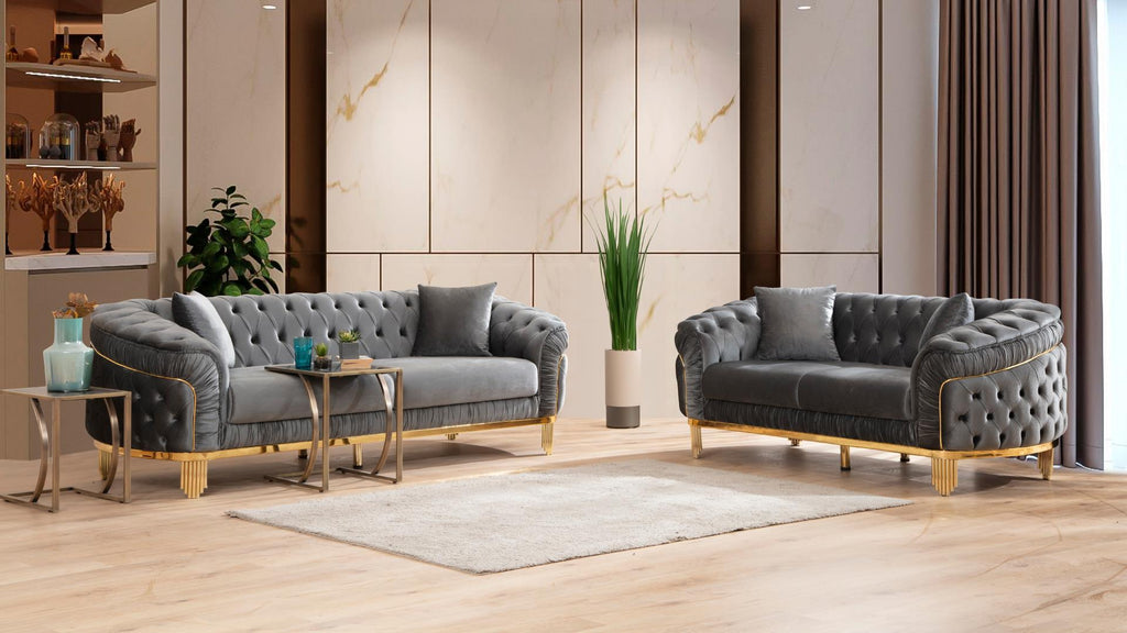 2 pc Vanessa gray fabric tufted upholstered rounded backs gold trim accents sofa and love seat set