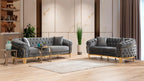 2 pc Vanessa gray fabric tufted upholstered rounded backs gold trim accents sofa and love seat set