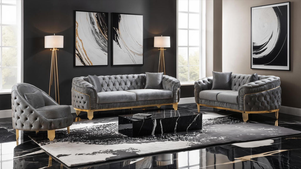 2 pc Vanessa gray fabric tufted upholstered rounded backs gold trim accents sofa and love seat set