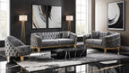 2 pc Vanessa gray fabric tufted upholstered rounded backs gold trim accents sofa and love seat set