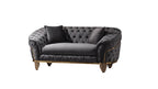 2 pc Vanessa gray fabric tufted upholstered rounded backs gold trim accents sofa and love seat set