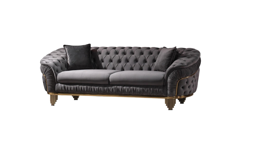 2 pc Vanessa gray fabric tufted upholstered rounded backs gold trim accents sofa and love seat set