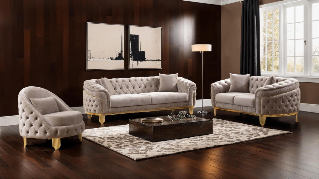2 pc Vanessa taupe fabric tufted upholstered rounded backs gold trim accents sofa and love seat set