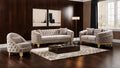 2 pc Vanessa taupe fabric tufted upholstered rounded backs gold trim accents sofa and love seat set
