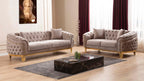2 pc Vanessa taupe fabric tufted upholstered rounded backs gold trim accents sofa and love seat set