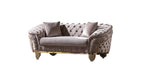 2 pc Vanessa taupe fabric tufted upholstered rounded backs gold trim accents sofa and love seat set