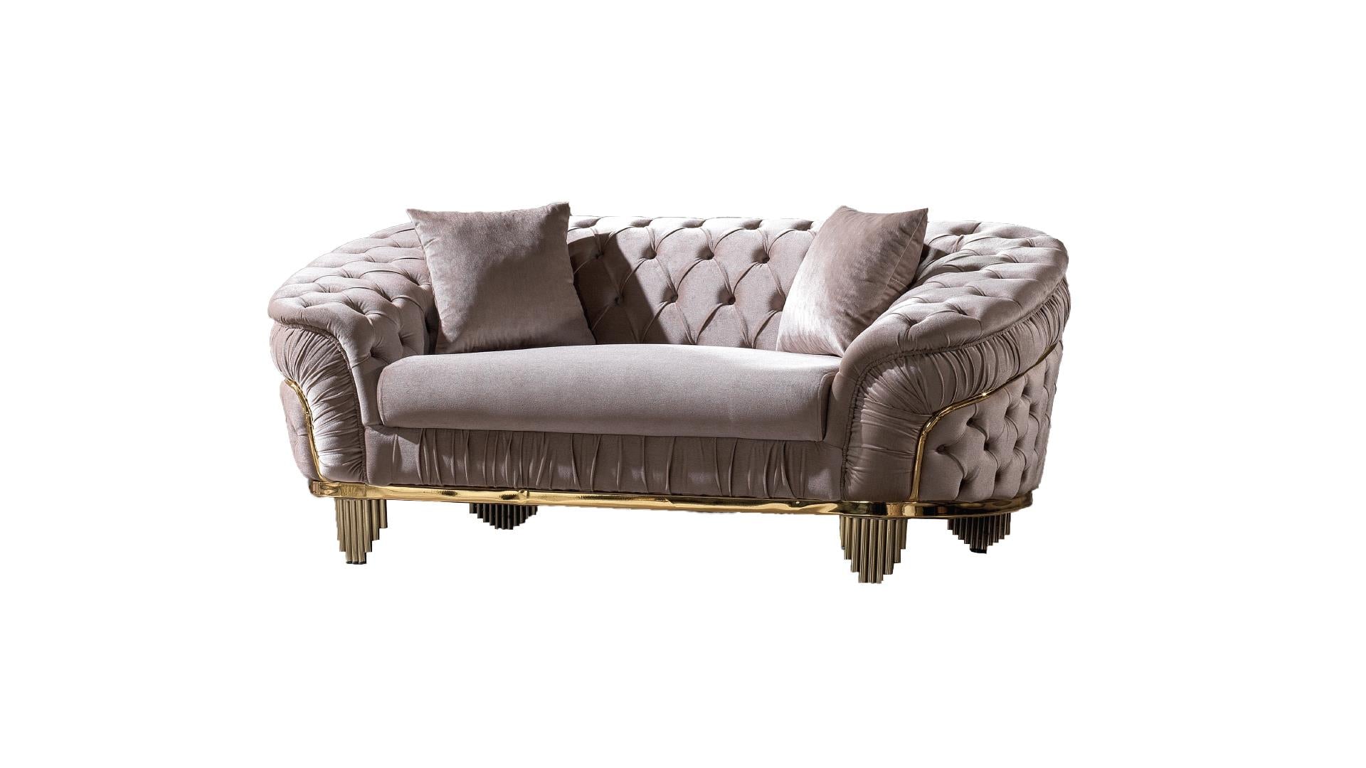2 pc Vanessa taupe fabric tufted upholstered rounded backs gold trim accents sofa and love seat set