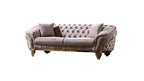 2 pc Vanessa taupe fabric tufted upholstered rounded backs gold trim accents sofa and love seat set