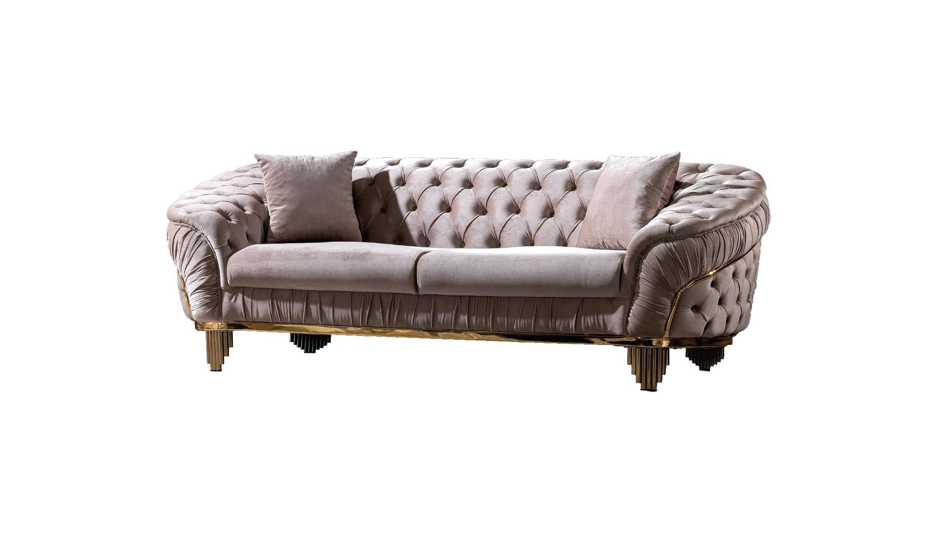 2 pc Vanessa taupe fabric tufted upholstered rounded backs gold trim accents sofa and love seat set