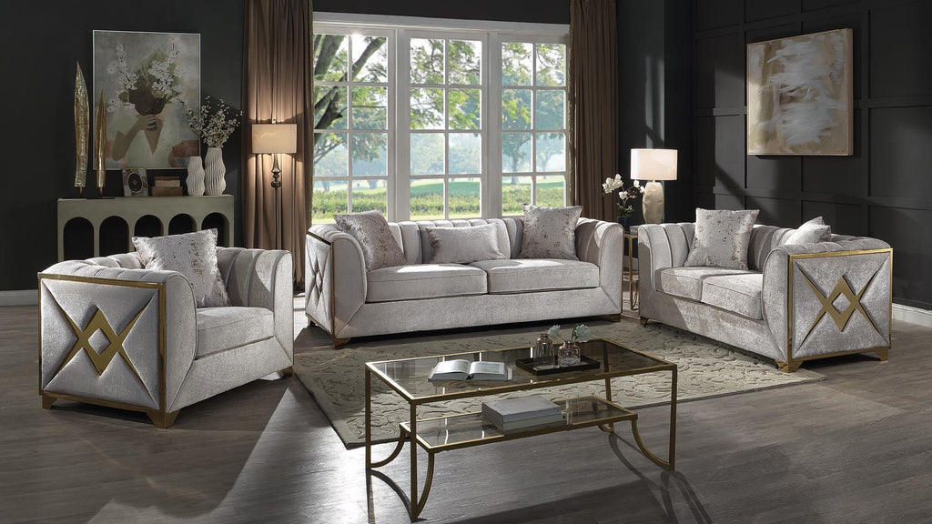 2 pc Velencia cream fabric upholstered double X design gold trim accents sofa and love seat set