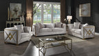 2 pc Velencia cream fabric upholstered double X design gold trim accents sofa and love seat set