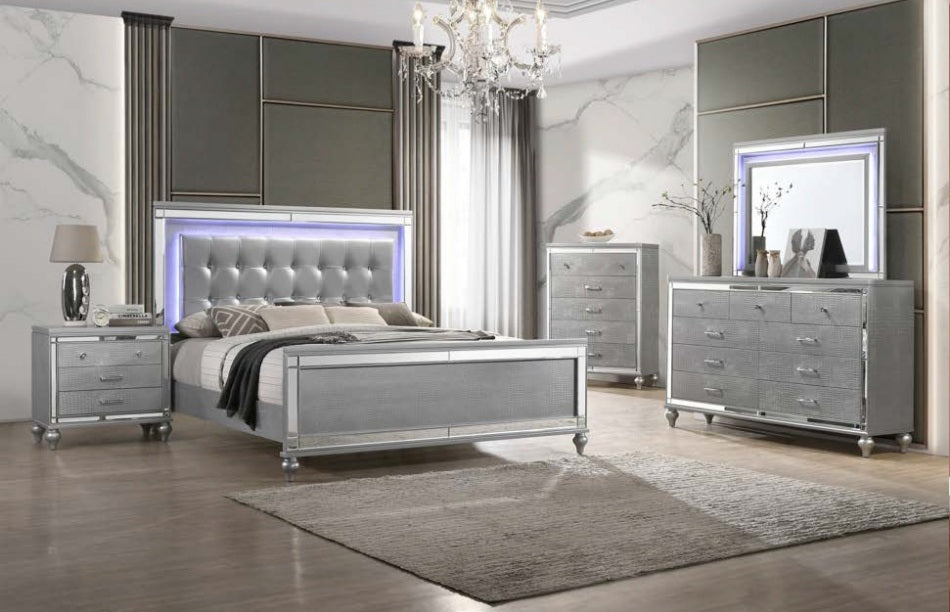 00-9698S-4PC 4 pc Valentino silver finish wood tufted faux leather headboard LED accents queen bed set