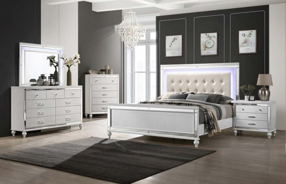 00-9698W-4PC 4 pc Valentino white finish wood tufted faux leather headboard LED accents queen bed set