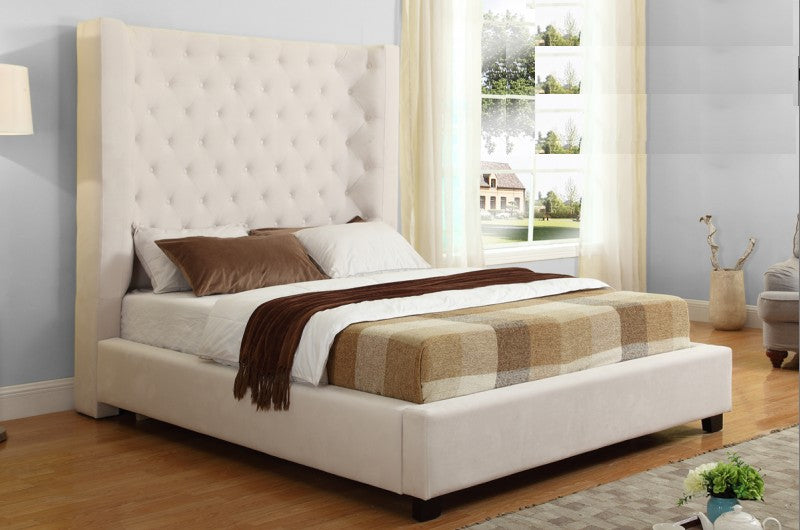 YY128-CRM Cream tufted fabric queen bed frame with tall headboard curved sides Red barrell studio Empress