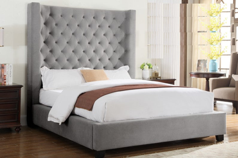 YY128-GRY Grey tufted fabric California king bed frame with tall headboard curved sides Red barrell studio Empress