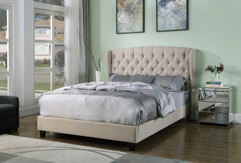 YY130-BG Beige tufted fabric queen bed frame with winged headboard curved sides Red barrell studio Frances