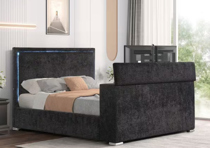 Best Master Lumora Black Tufted Fabric Queen Bed with TV Lift, Fireplace & LED Headboard – YY141