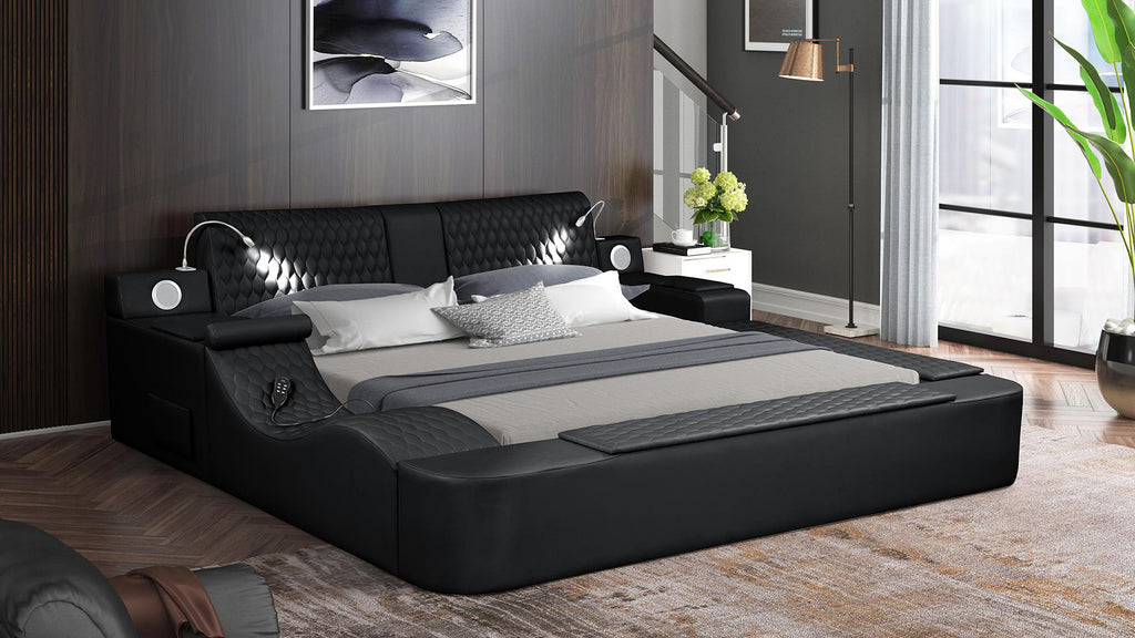 Zoya black faux leather modern Queen bed with reading lights massage lounge and bluetooth speakers