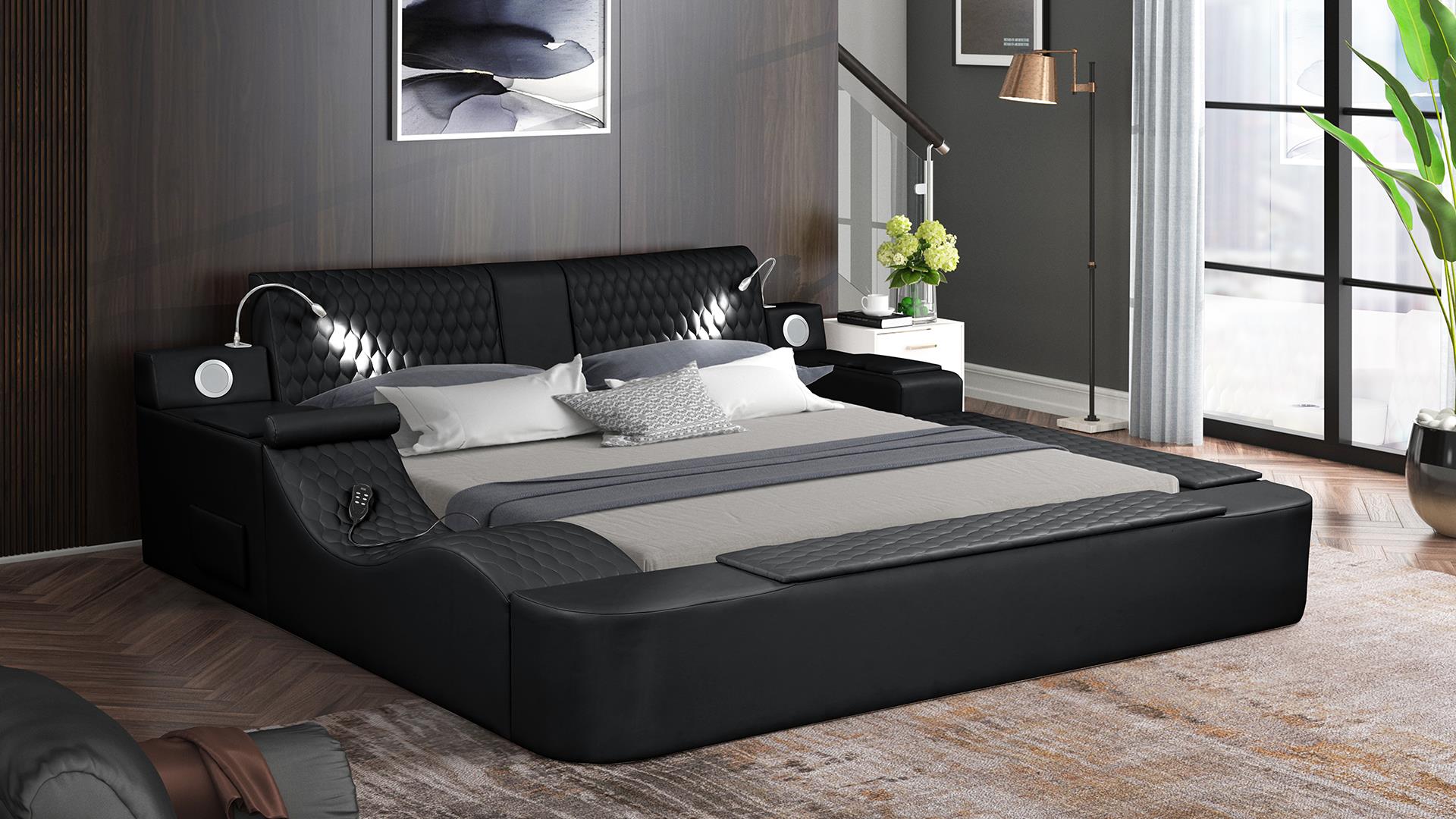 Zoya black faux leather modern Queen bed with reading lights massage lounge and bluetooth speakers