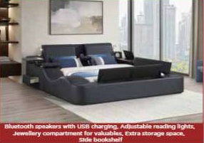 Zoya black faux leather modern Queen bed with reading lights massage lounge and bluetooth speakers
