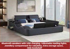 Zoya black faux leather modern Queen bed with reading lights massage lounge and bluetooth speakers