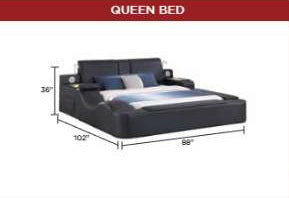 Zoya black faux leather modern Queen bed with reading lights massage lounge and bluetooth speakers
