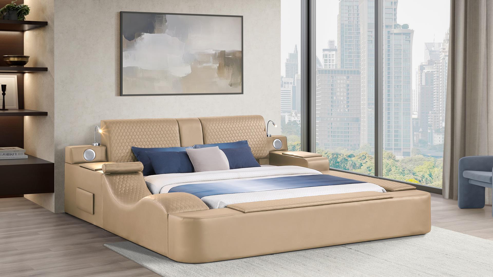 Zoya caramel faux leather modern Queen bed with reading lights massage lounge and bluetooth speakers
