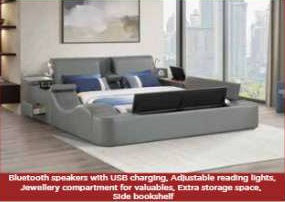 Zoya grey faux leather modern Queen bed with reading lights massage lounge and bluetooth speakers