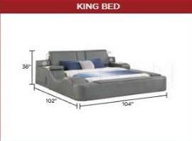 Zoya grey faux leather modern Queen bed with reading lights massage lounge and bluetooth speakers