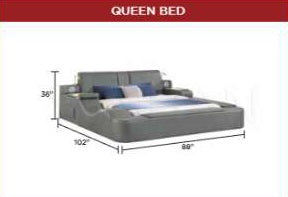 Zoya grey faux leather modern Queen bed with reading lights massage lounge and bluetooth speakers