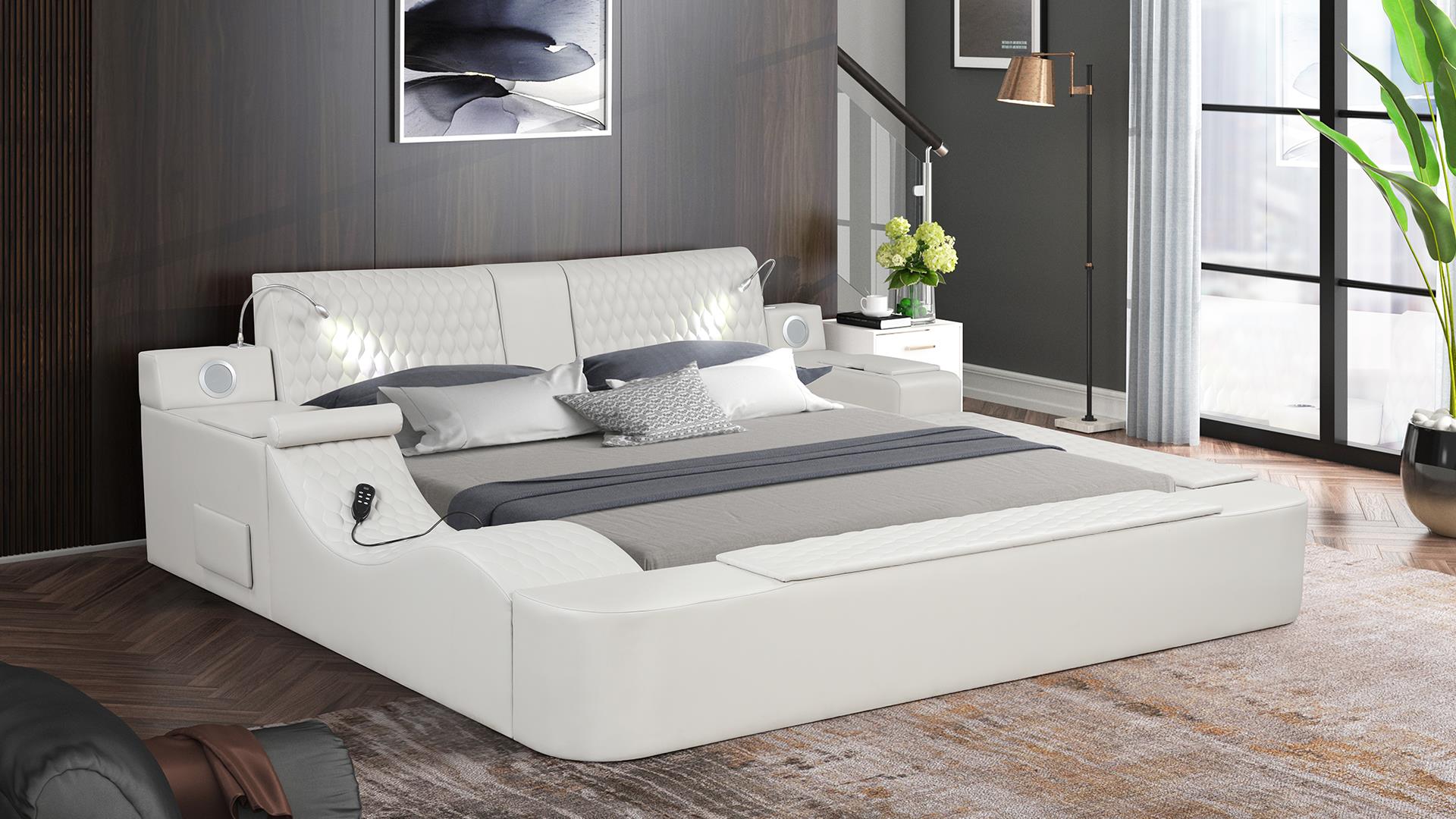 Zoya ice faux leather modern Queen bed with reading lights massage lounge and bluetooth speakers