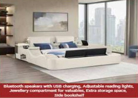 Zoya ice faux leather modern Queen bed with reading lights massage lounge and bluetooth speakers