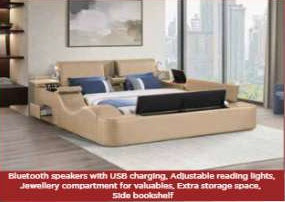 Zoya caramel faux leather modern Queen bed with reading lights massage lounge and bluetooth speakers