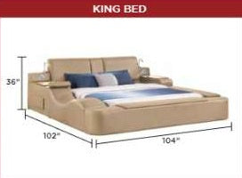 Zoya caramel faux leather modern Queen bed with reading lights massage lounge and bluetooth speakers