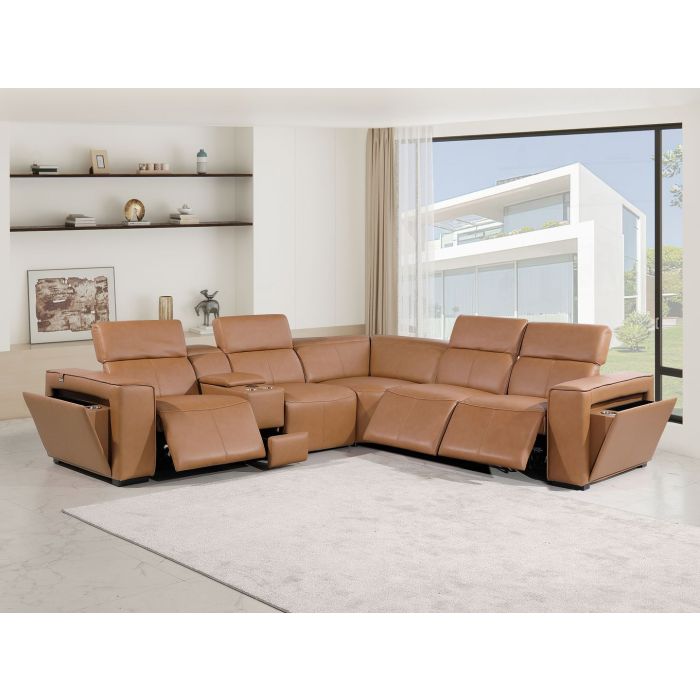 Global United DivanItalia Cognac Italian Leather 6 PC Power Reclining Sectional Sofa with Adjustable Headrests – 1224CG-6PC