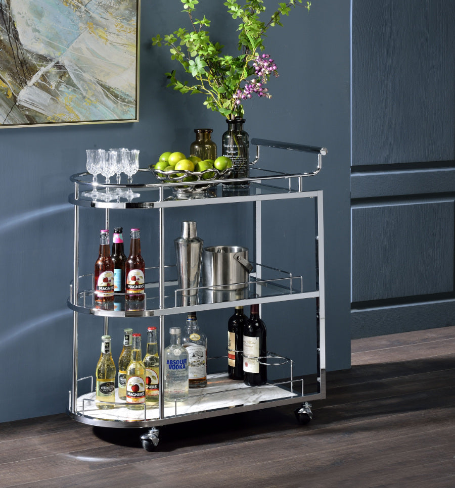 Acme AC00161 Neilo Orren ellis silver metallic finish metal frame two glass shelves and faux marble kitchen island tea / bar cart