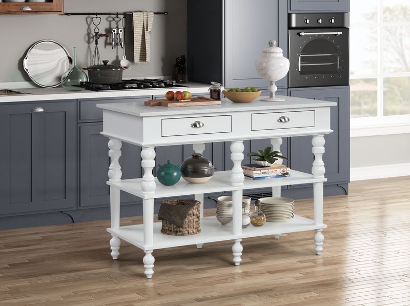 Rorratt White Wood Frame Marble Top Kitchen Island Cart with Drawers Country Style – AC00186