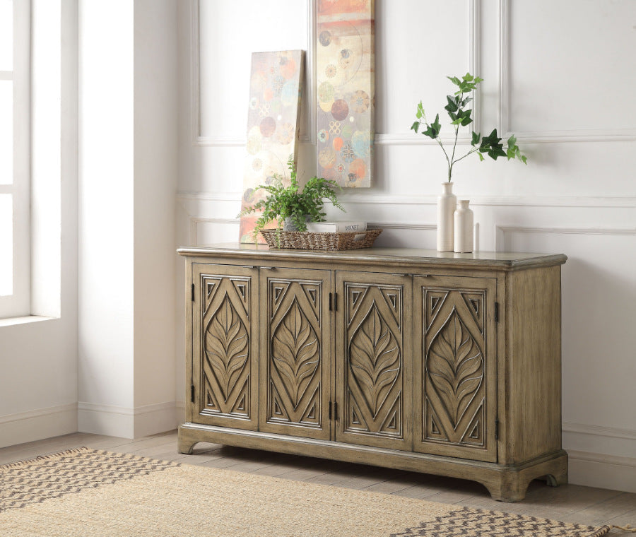 Acme AC00198 Rosalind wheeler hanzila orana antique oak finish wood bombay chest with carved front cabinet doors