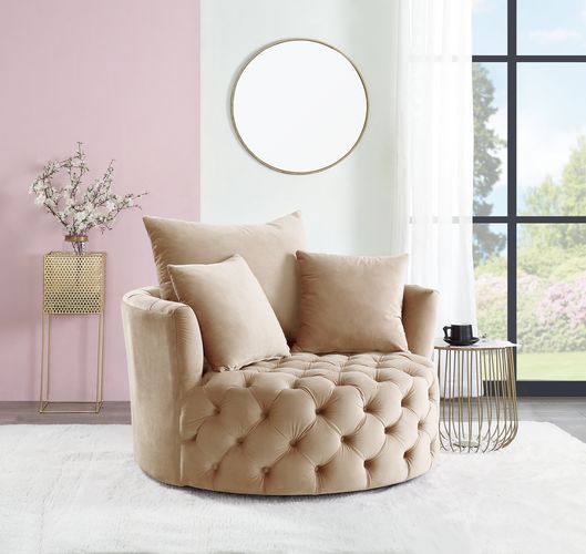 Acme AC00290 Zunyas beige velvet tufted fabric round swivel barrell back chair with accent pillows
