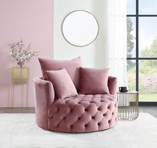 Acme AC00291 Zunyas pink velvet tufted fabric round swivel barrell back chair with accent pillows