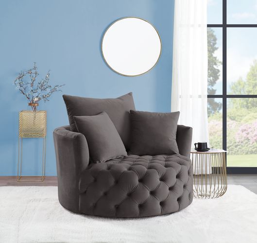 Acme AC00292 Zunyas gray velvet tufted fabric round swivel barrell back chair with accent pillows