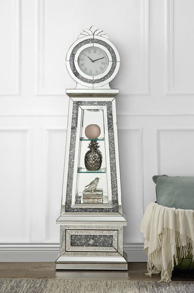 Acme AC00349 Astoria grand Noralie mirrored grandfather clock with decorative crown and faux crystal look and modern design
